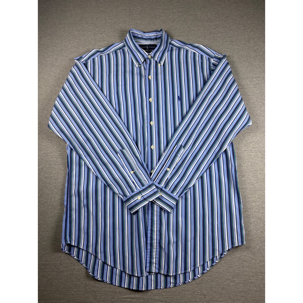 Ralph Lauren Button Down Shirt XL Blue Green Striped Classic Fit Long Sleeve